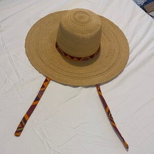 Luxury handcrafted Wide Brim Straw Sun Hat with Patterned Ties